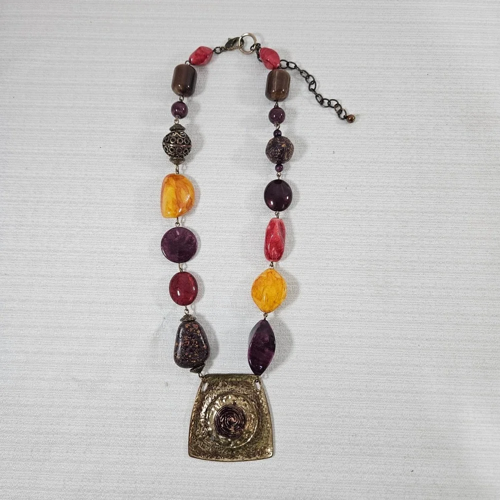 Boho Chunky Bead Statement Necklace Hammered Brass Spiral Pendant Purple Amber